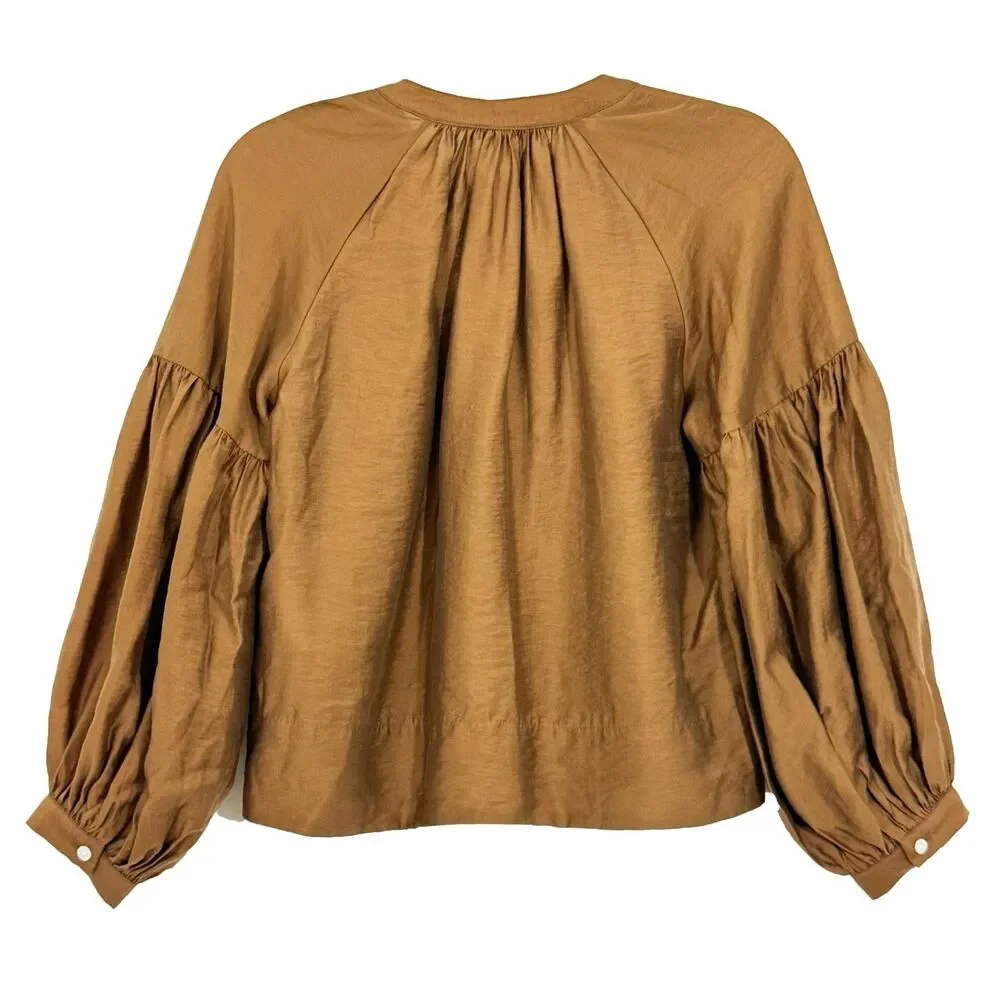 MADEWELL Shirred Balloon-Sleeve Top XXS Pecan Shell Button-Up Blouse NWT B99